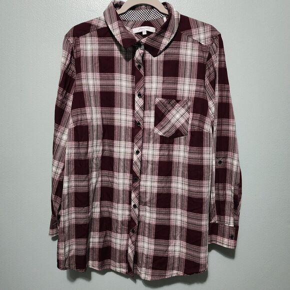 Foxcroft Plaid Button Down Shirt  Roll Tab Sleeves Size 16W Purple - Picture 1 of 8